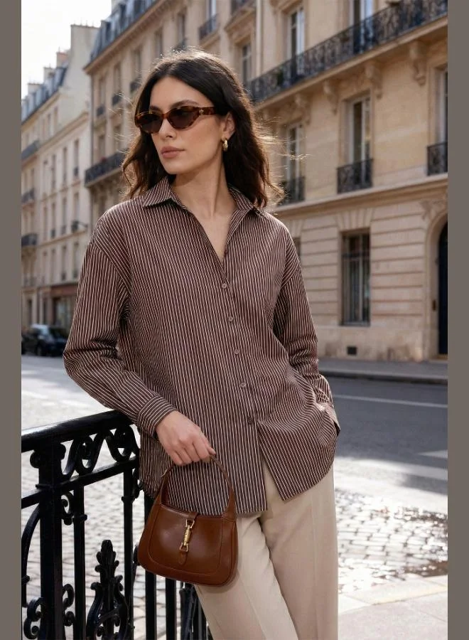 ليلا قميص نسائي كلاسيكي بأكمام طويلة وخطوط مقاس كبير